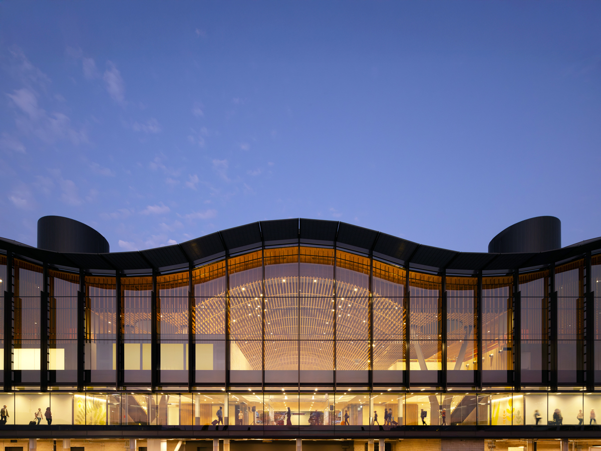 Exterior of Portland International Airport main terminal, seen at night