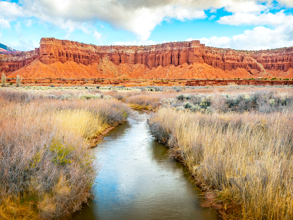 River leading to mesa in Utah's Capitol Reef National Park