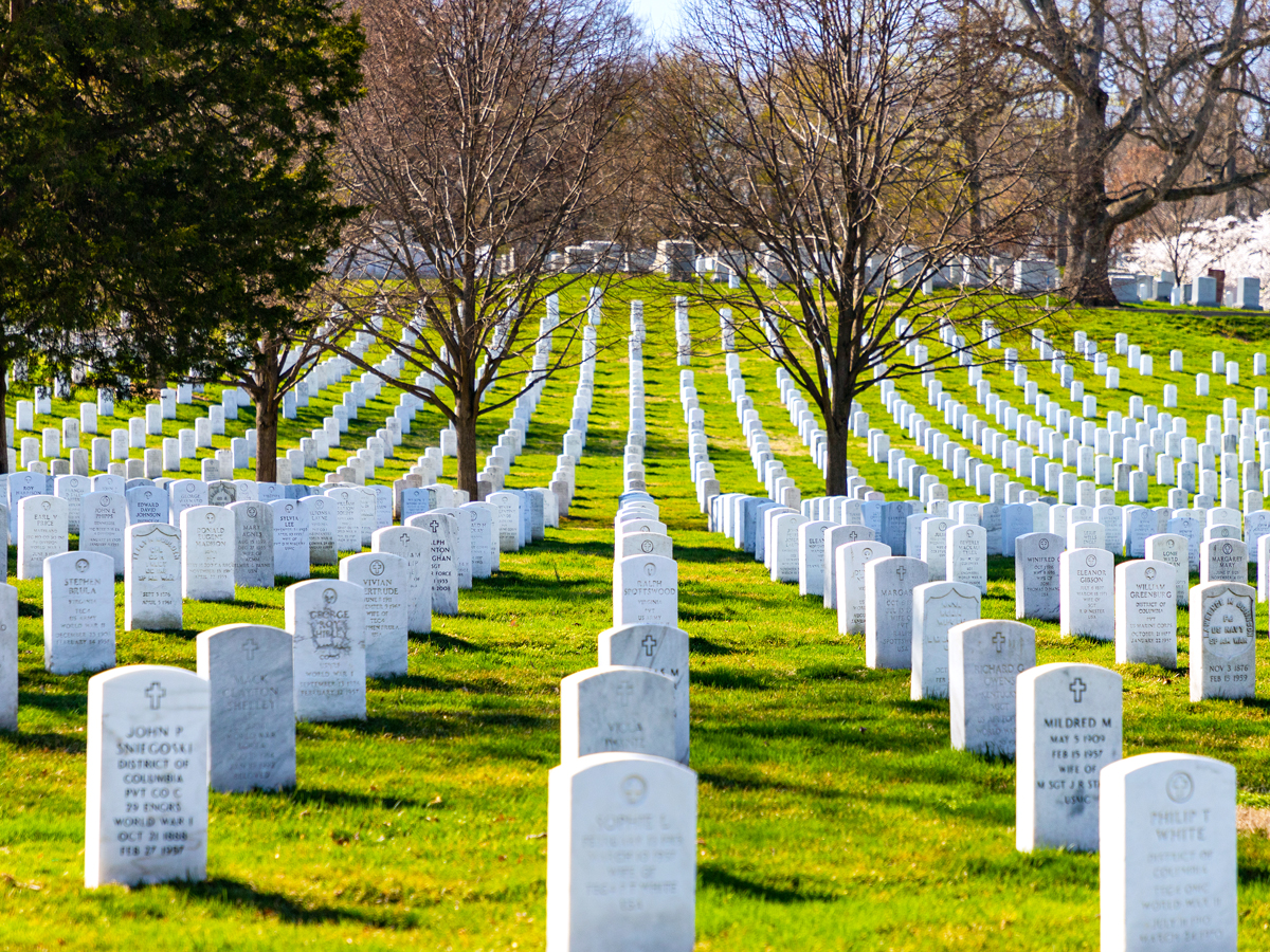 Rows of tombstones at Arlington National Cemetery in Virginia