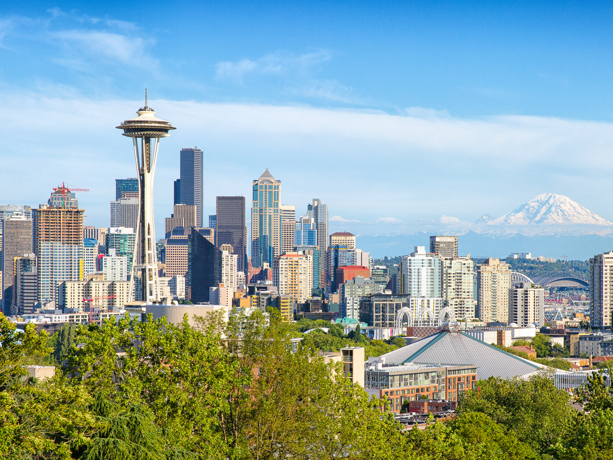 The Space Needle towering above the skyline of Seattle, Washington