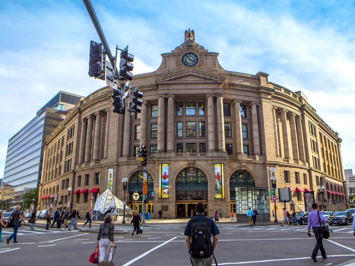 Busy intersection in front of Boston South Station
