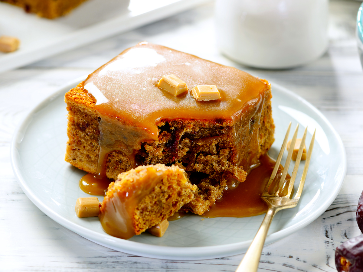 Sticky toffee pudding on plate