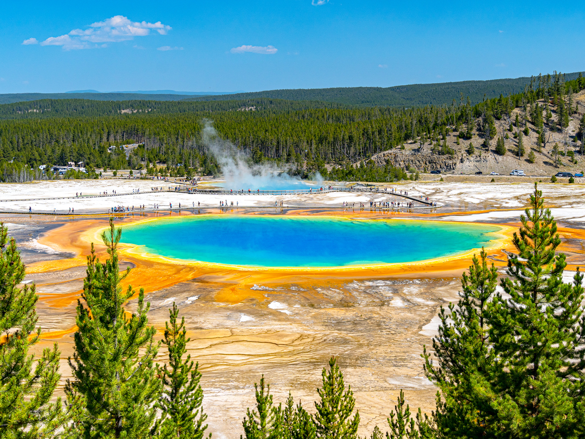 Rainbow-colored Grand Prismatic Spring at Yellowstone National Park in Wyoming