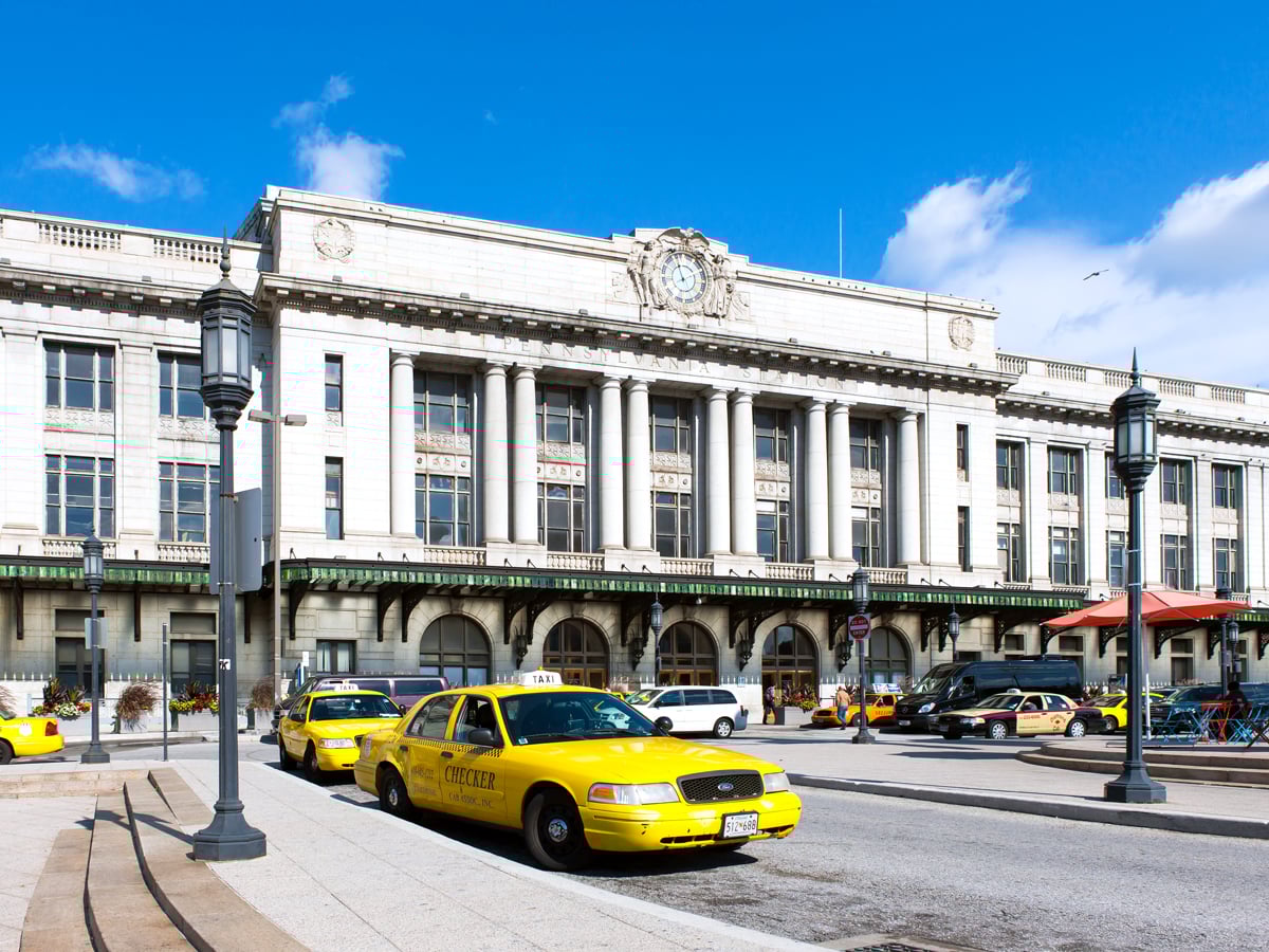 Yellow cabs waiting outside Baltimore Penn Station