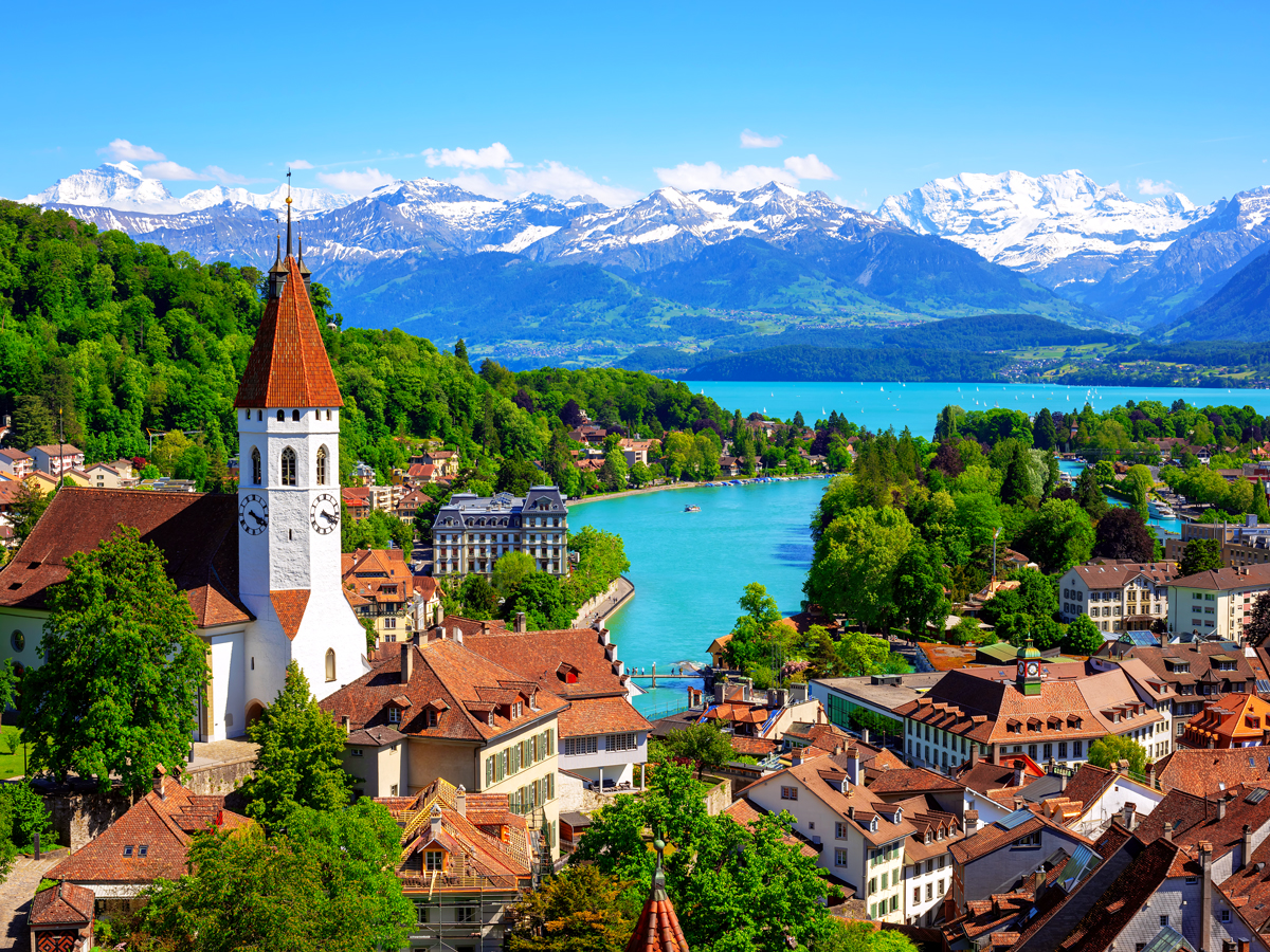 Town of Thun, Switzerland, amid the Swiss Alps