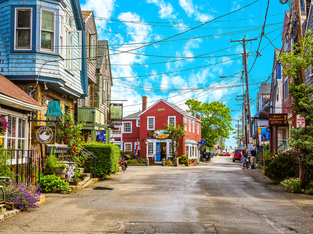 Storefronts on Main Street in Rockport, Massachusetts