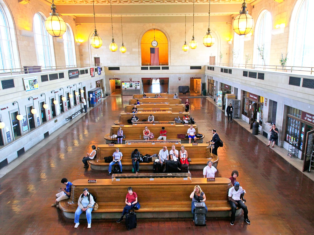 Passengers waiting inside New Haven Union Station