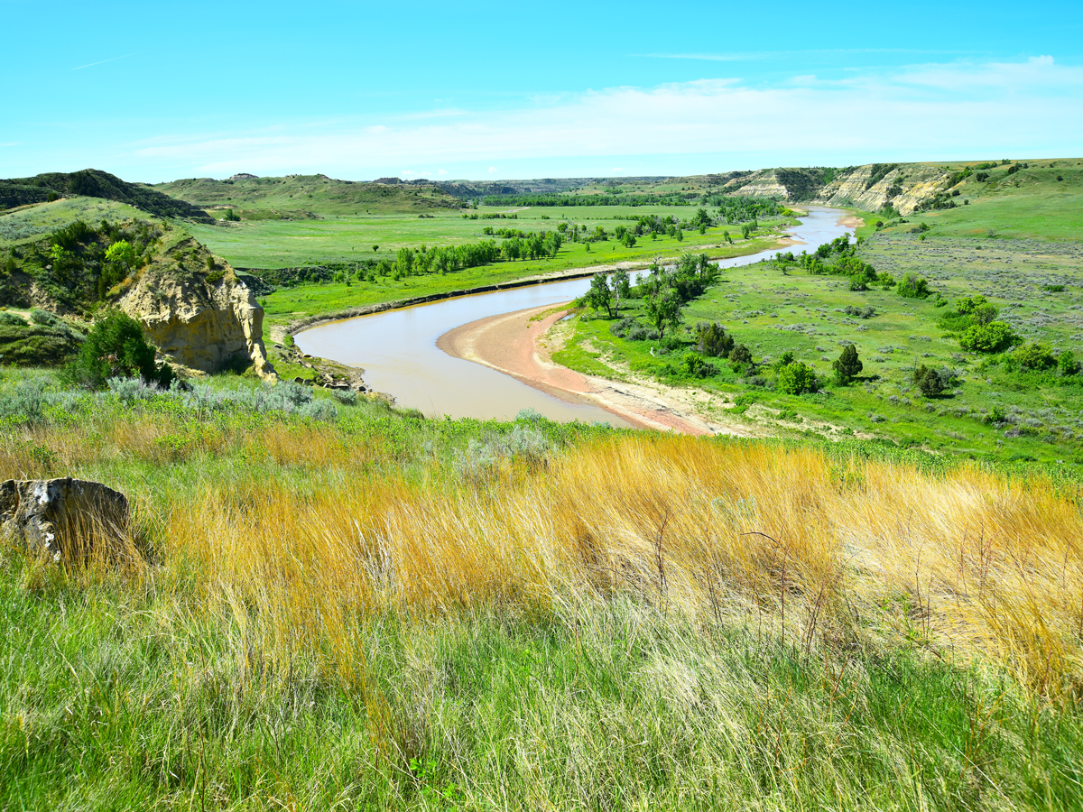 Little Missouri River flowing through Theodore Roosevelt National Park in North Dakota