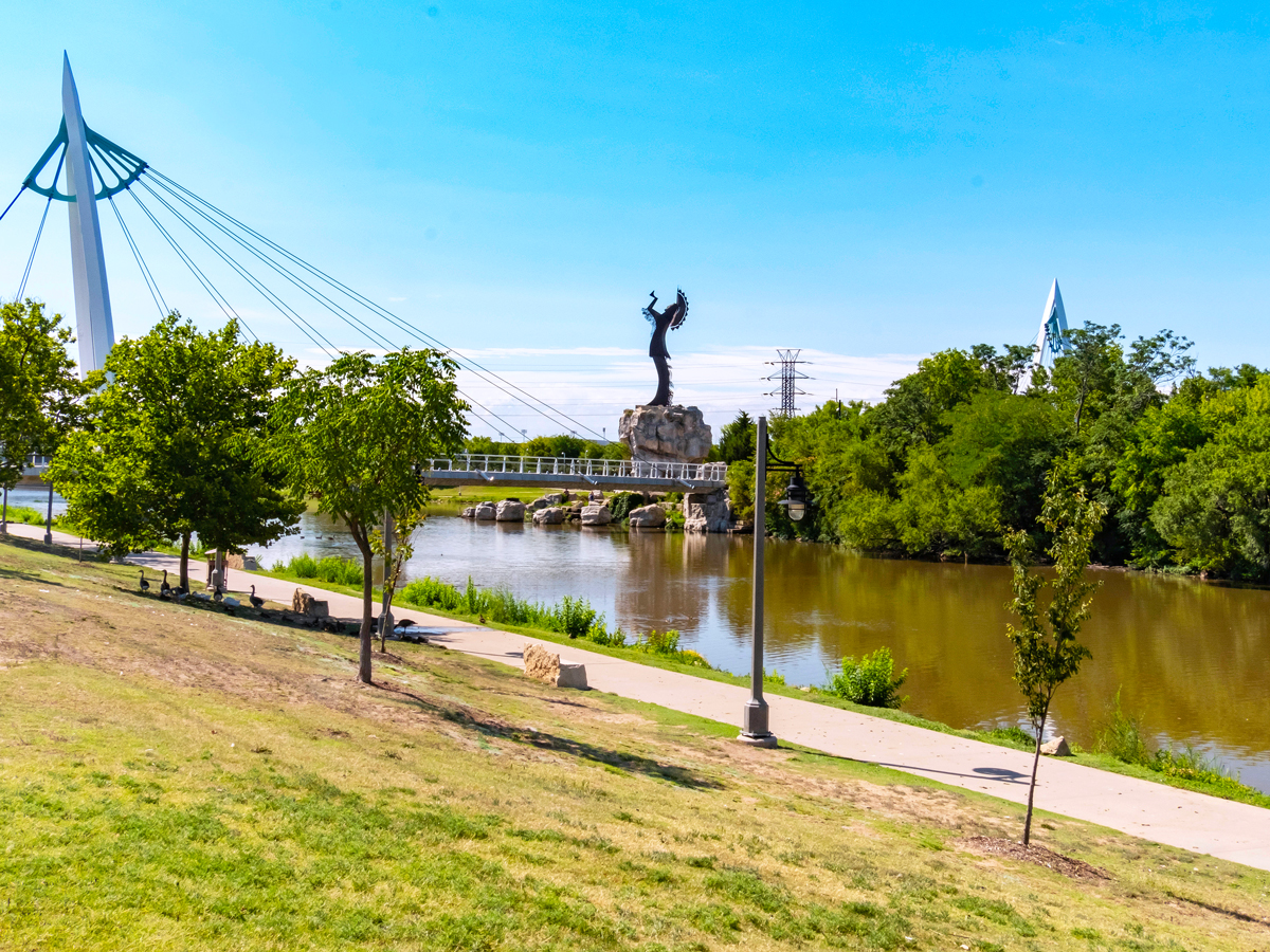 Arkansas River and Keeper of the Plains sculpture in Wichita, Kansas