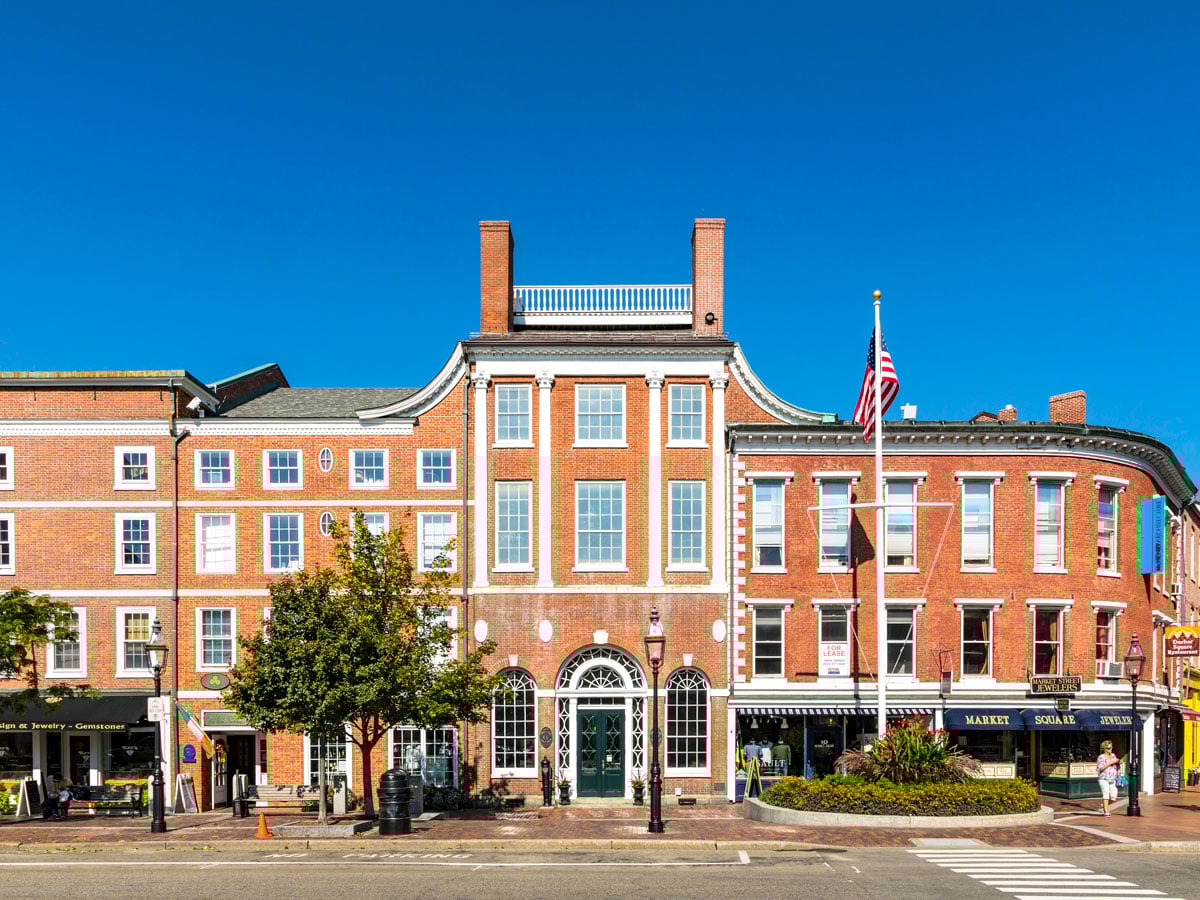 Red-brick buildings on Market Street in Portsmouth, New Hampshire