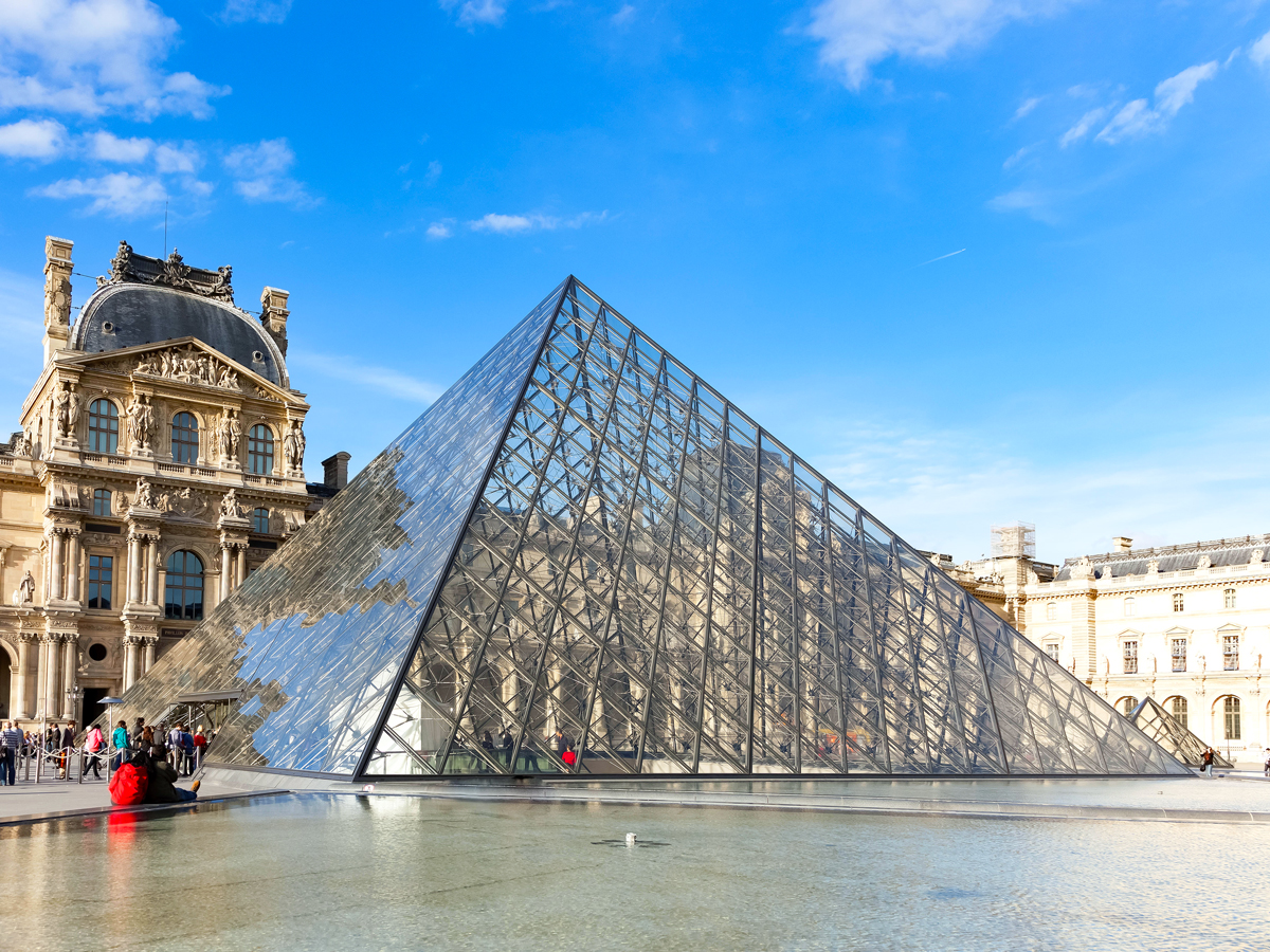Glass pyramid entrance to the Louvre museum in Paris, France