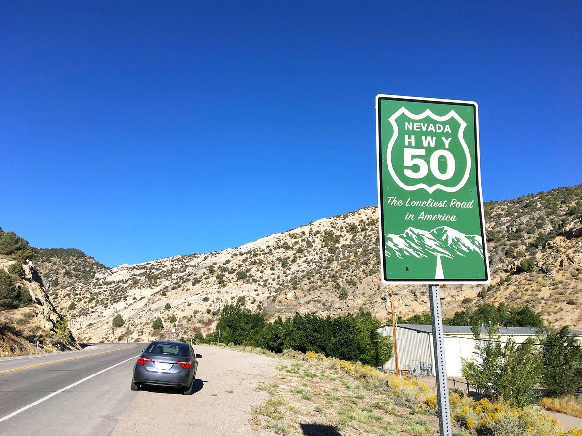 Sign marking Nevada Highway 50, the "Loneliest Road in America"