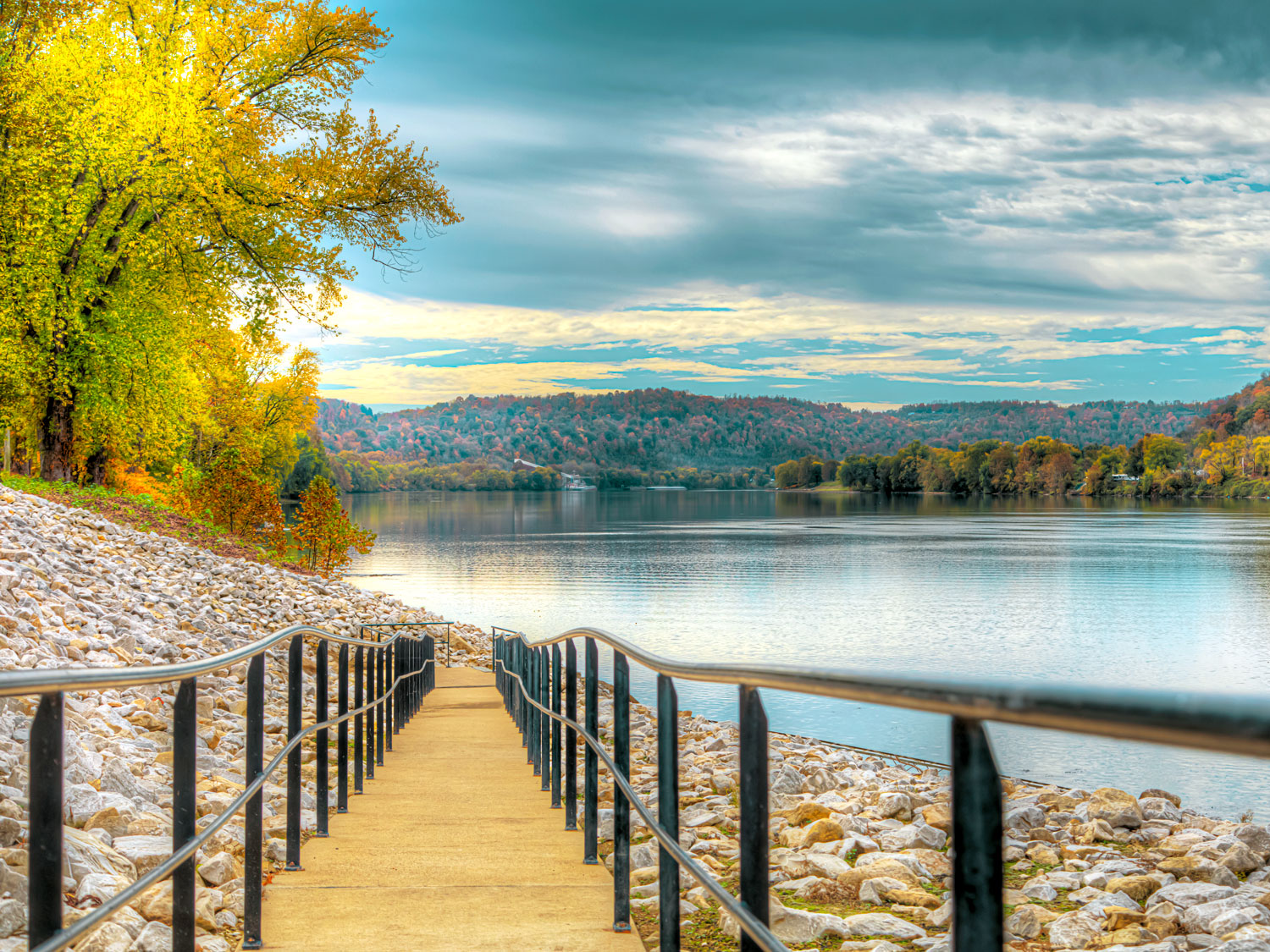 Staircase leading to rocky shores of the Ohio River