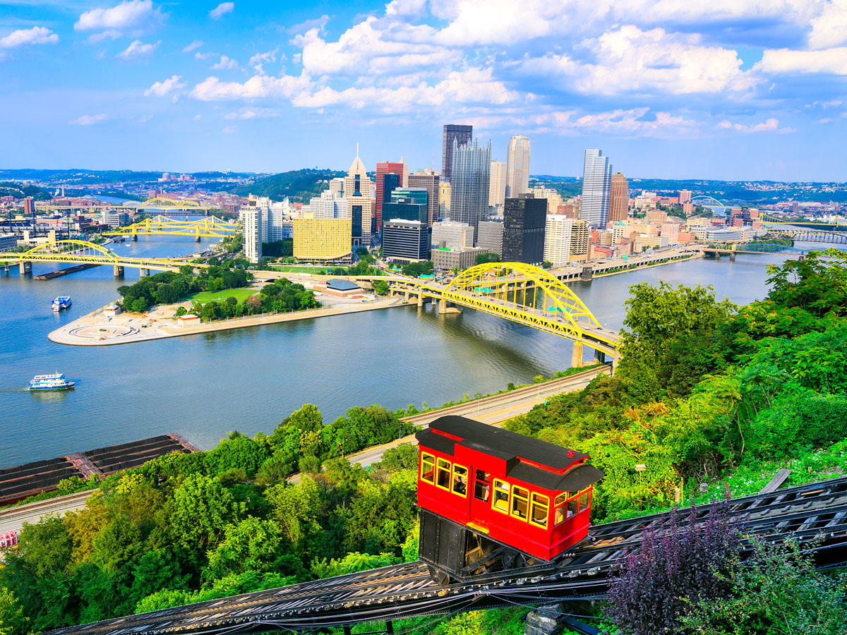 Duquesne Incline and view of Pittsburgh skyline from Point State Park