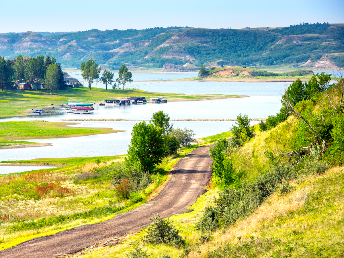 Road leading to marina on North Dakota's Lake Sakakawea