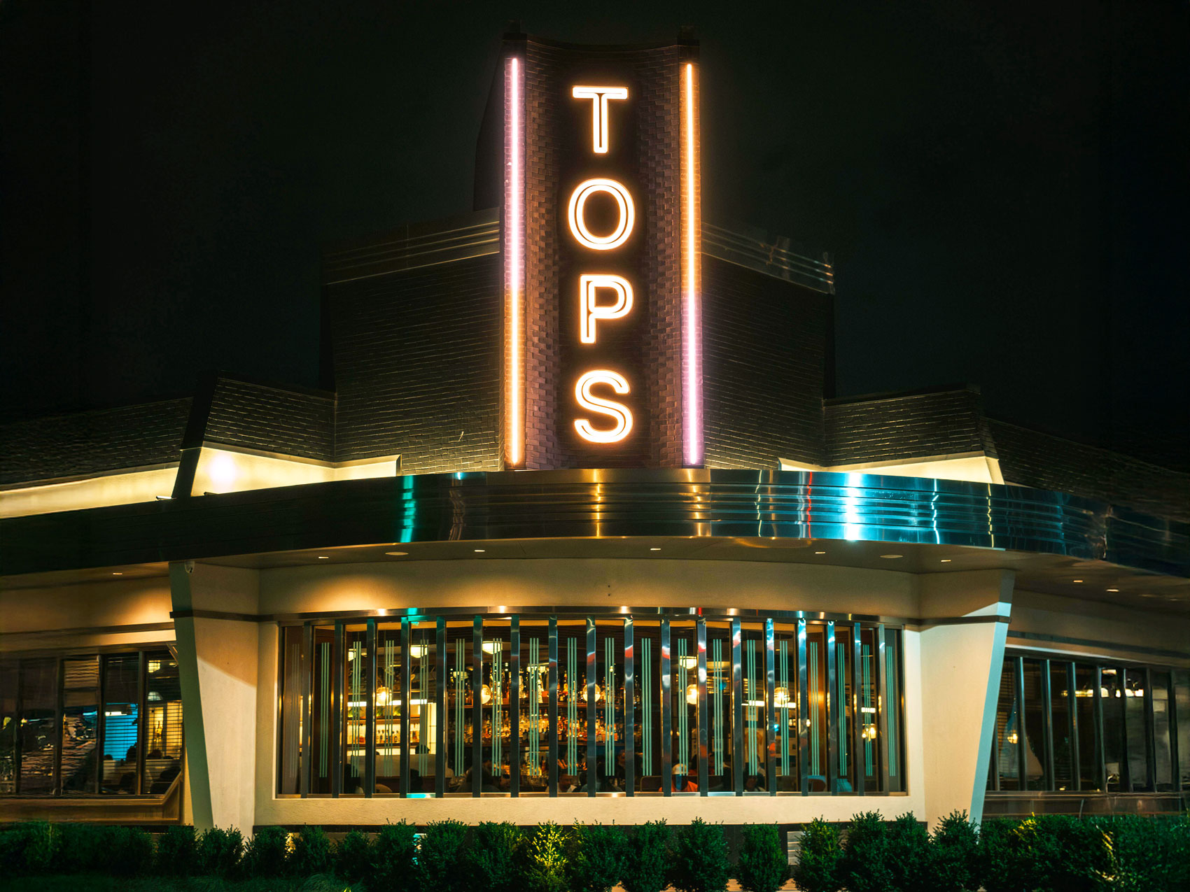 Tops Diner in Harrison, New Jersey, lit at night