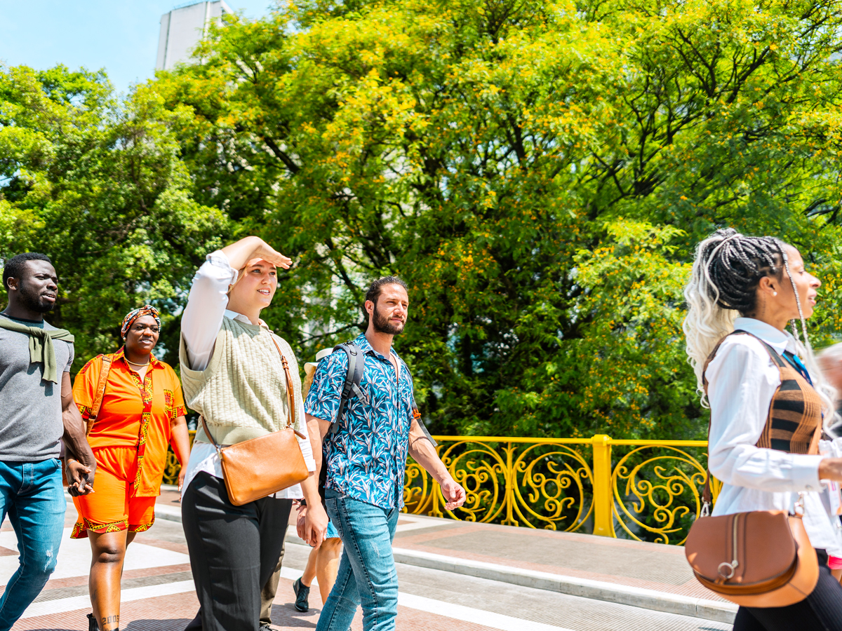 Travelers on a city walking tour