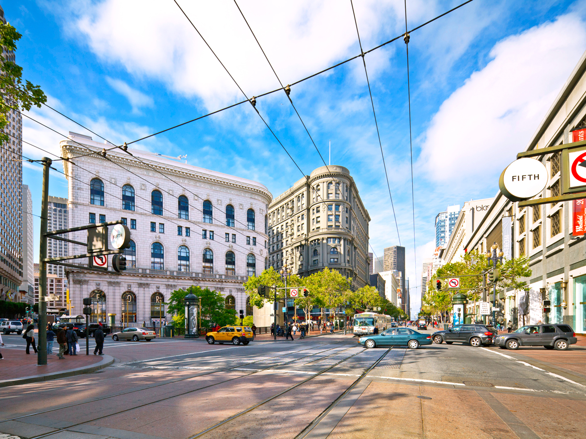 Flood Building seen across San Francisco street corner