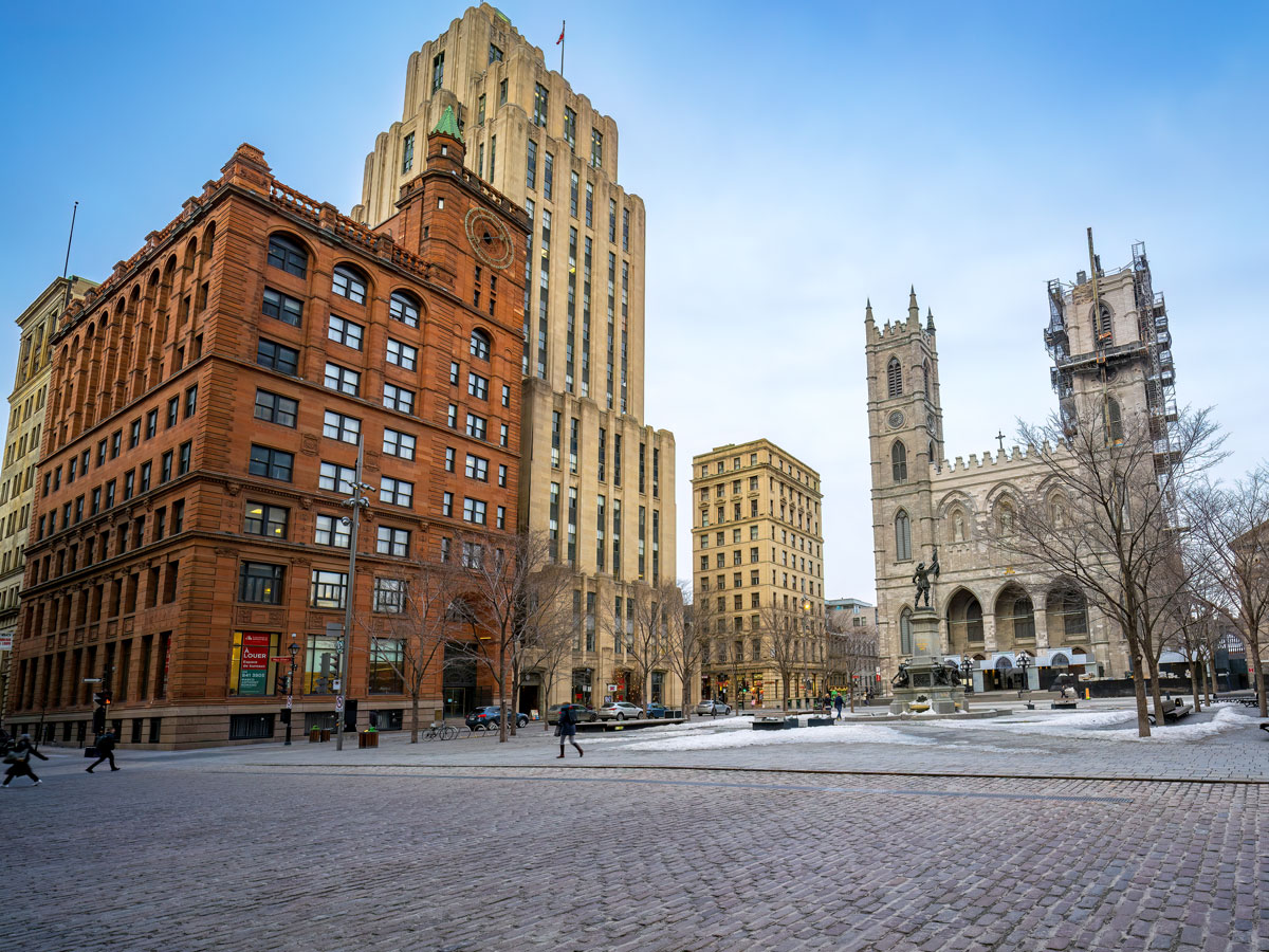 Place d'Arms square in Montreal, Canada, with view of Notre-Dame Cathedral