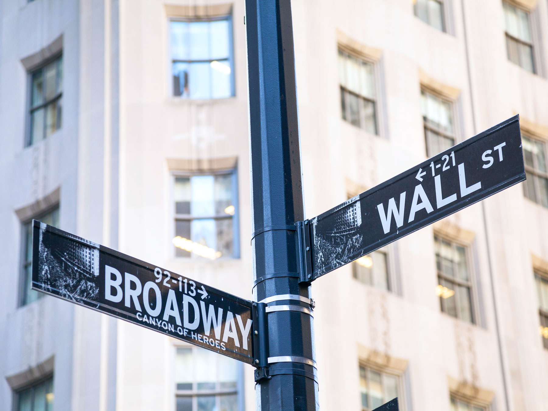 Signs for Broadway and Wall Street in Lower Manhattan, New York City