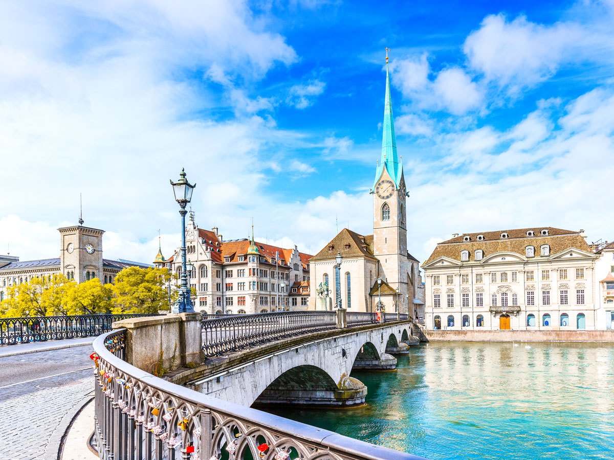Bridge and church tower in Zurich, Switzerland