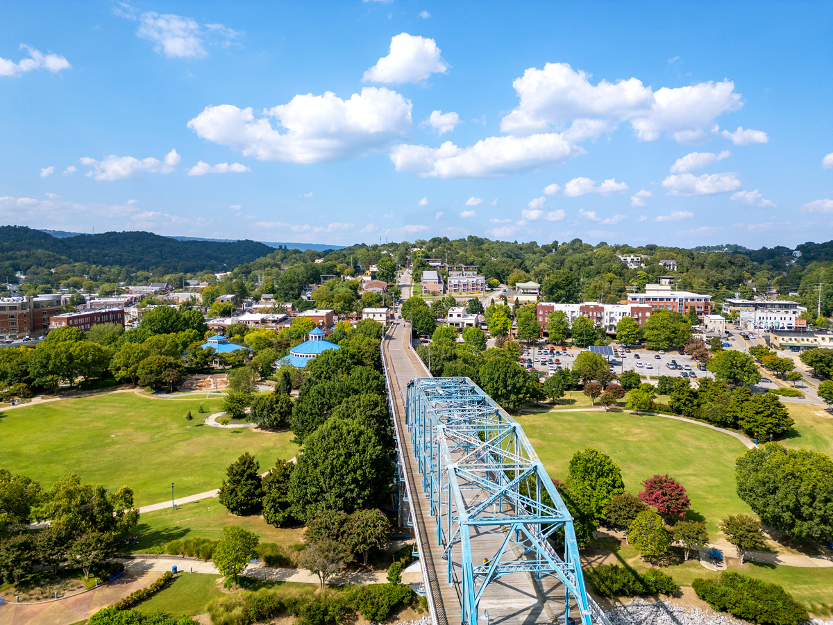 Aerial view of Walnut Street Bridge in Chattanooga, Tennessee