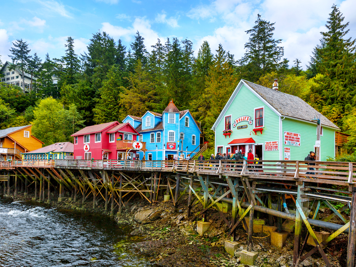 Colorful buildings on pier in Ketchikan, Alaska