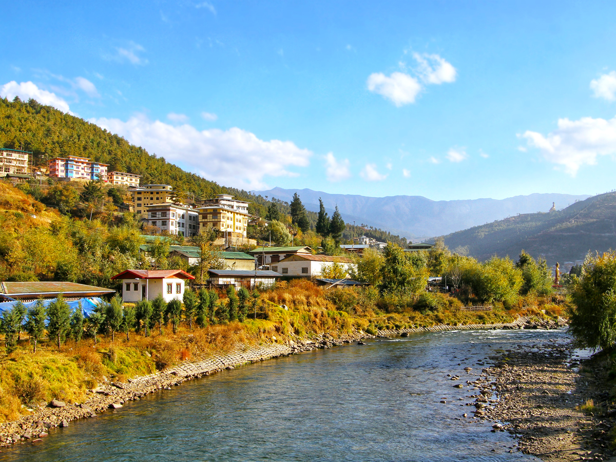 Riverside buildings in mountains of Bhutan