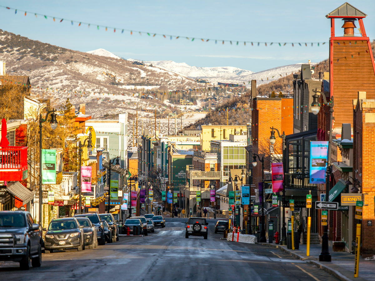 Street with mountain backdrop in Park City, Utah
