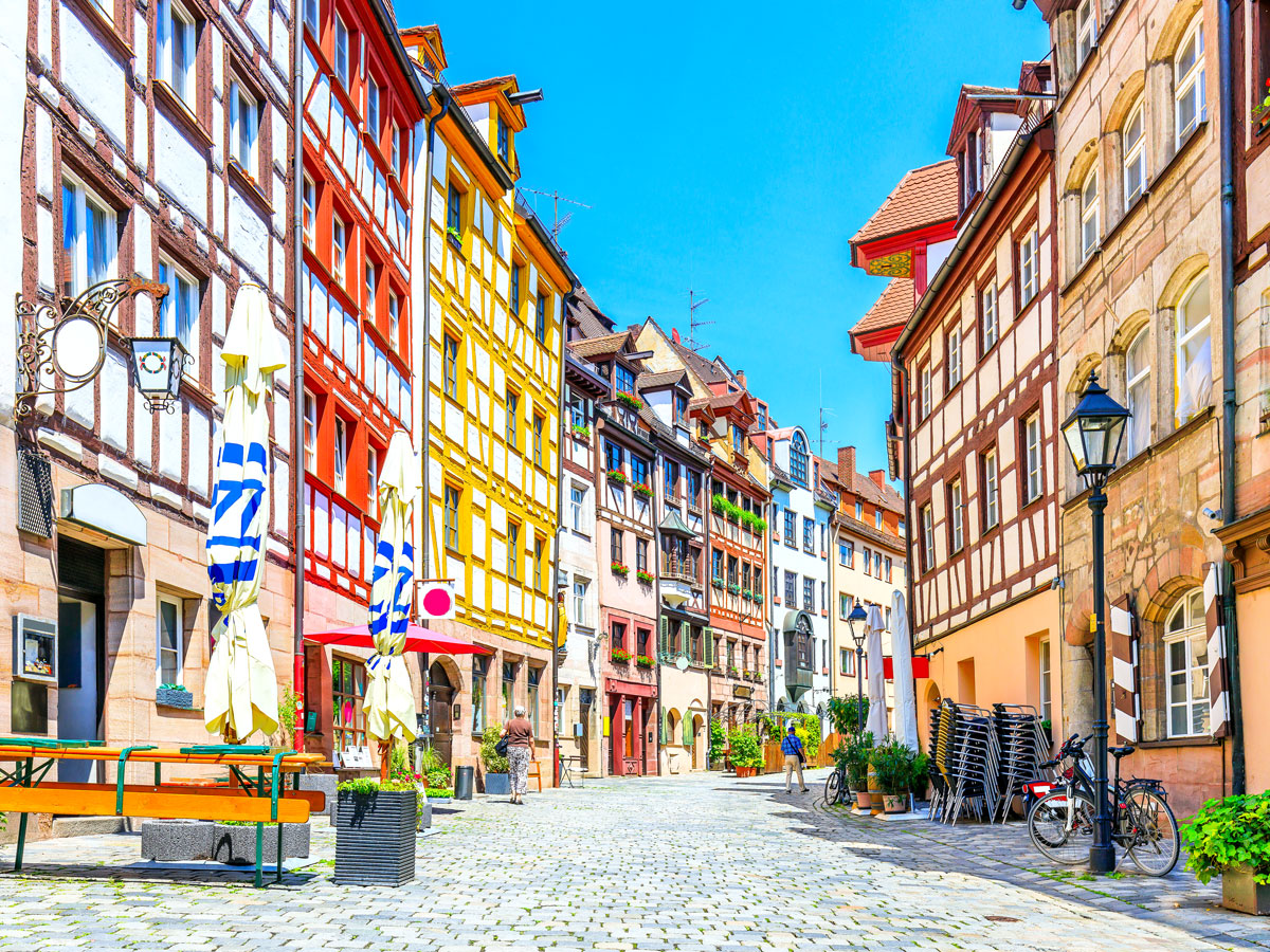 Street lined with colorful buildings in Nuremberg, Germany
