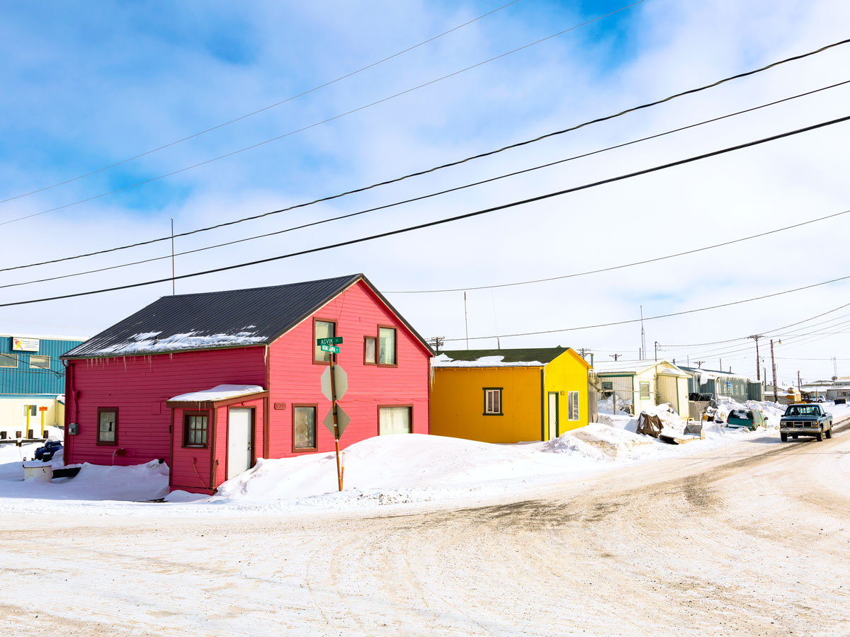 Houses on snowy street in Barrow, Alaska