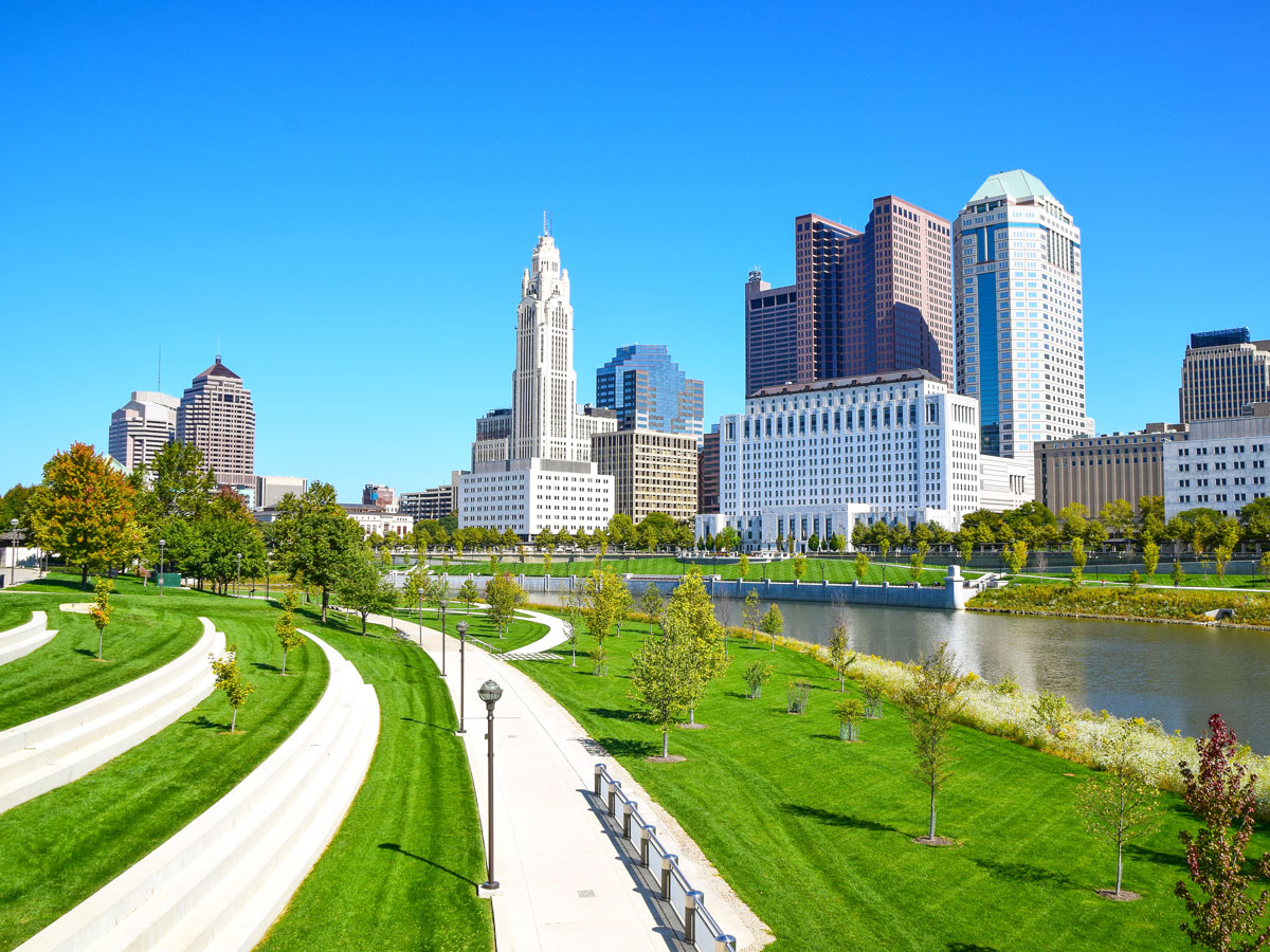 Riverfront trails with view of Columbus skyline