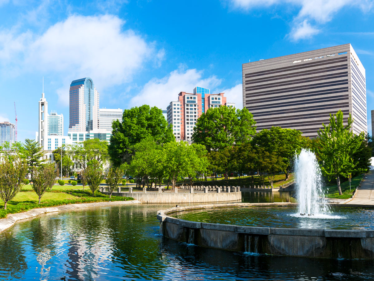 Fountain with Charlotte skyline in background