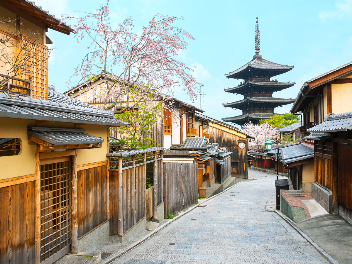 Street lined with traditional architecture in Kyoto, Japan