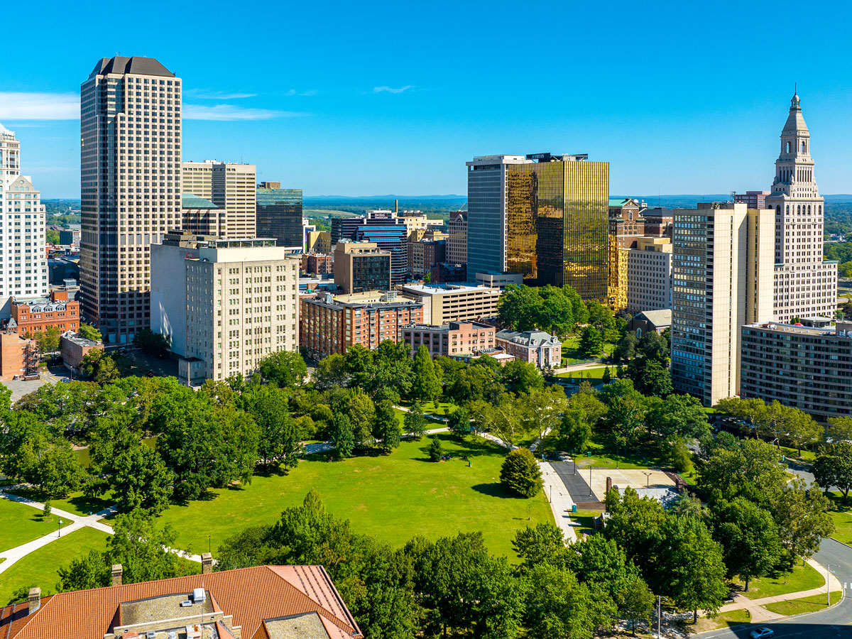 Green space and skyscrapers in Hartford, Connecticut