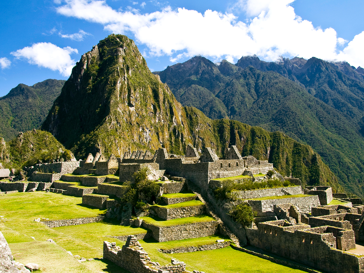 Overview of Machu Picchu, ancient citadel in mountains of Peru