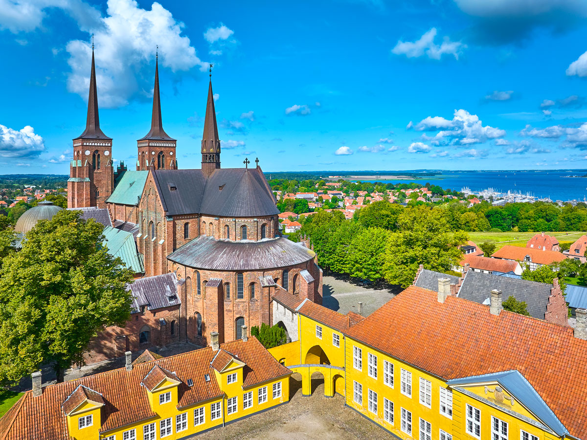 Aerial view of Roskilde Cathedral in Denmark