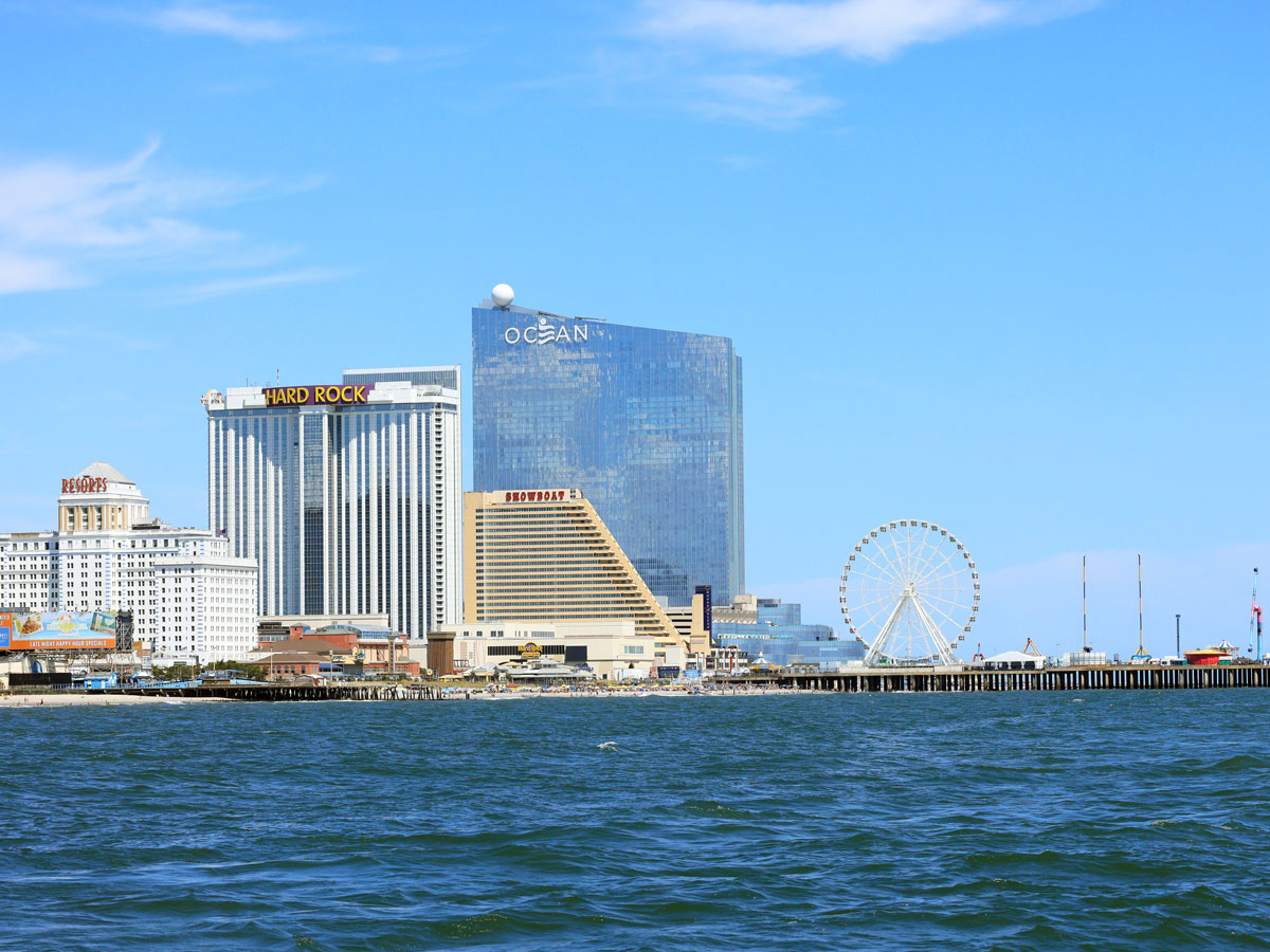 View of Atlantic City boardwalk and high-rise hotels across water