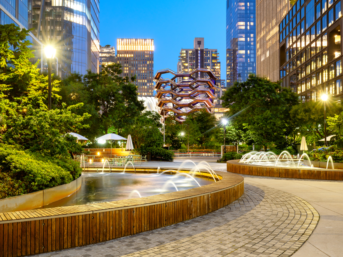 Fountain in Hudson Yards neighborhood of New York City at night