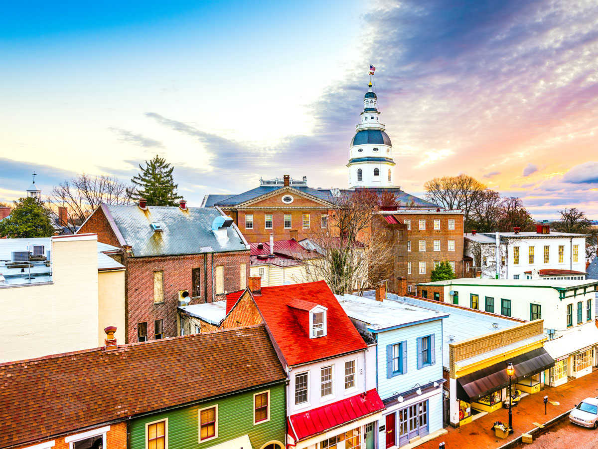 Cityscape of Annapolis, Maryland, at sunset