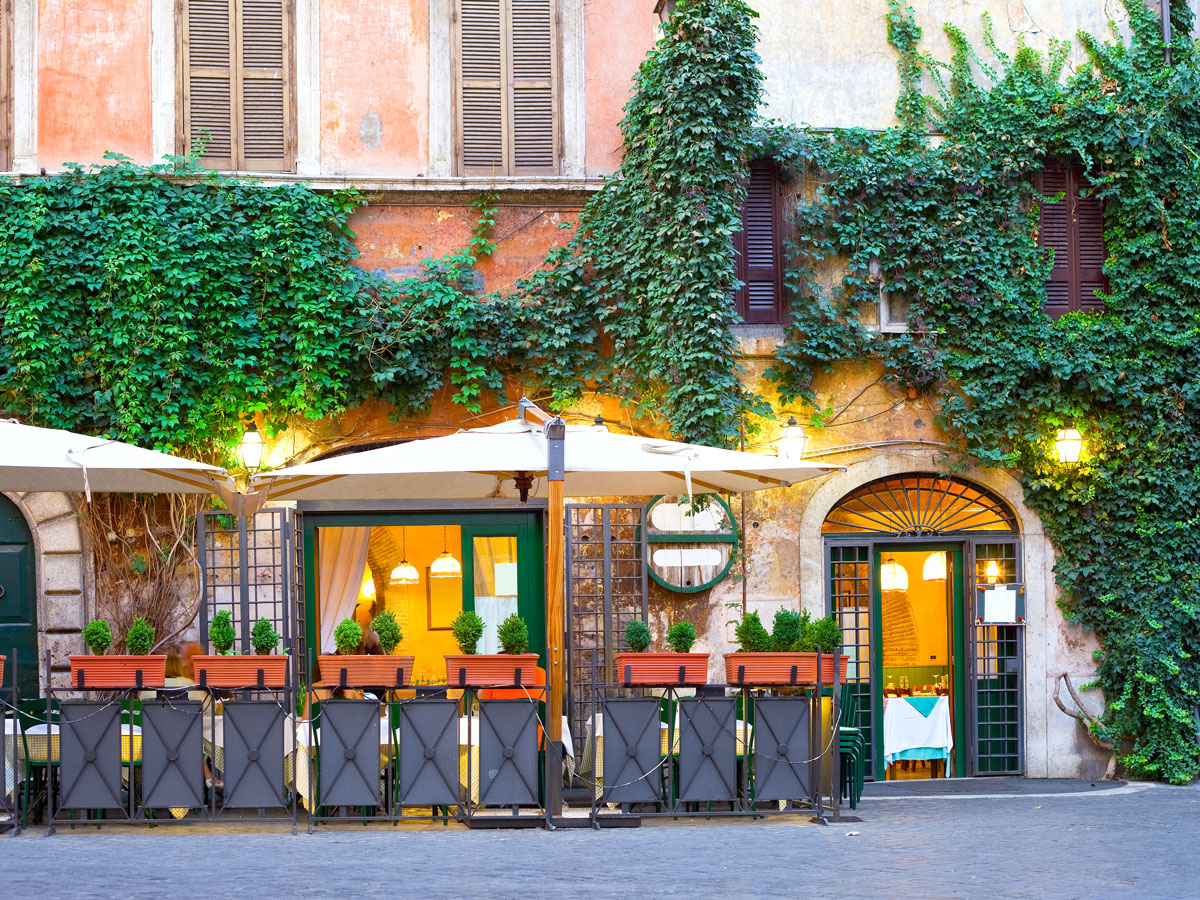 Patio of restaurant in Rome, Italy