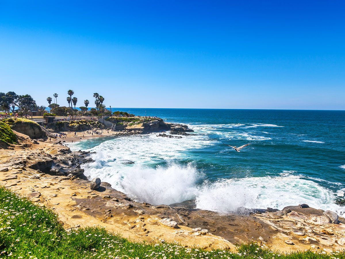 Waves crashing along coast of San Diego, California