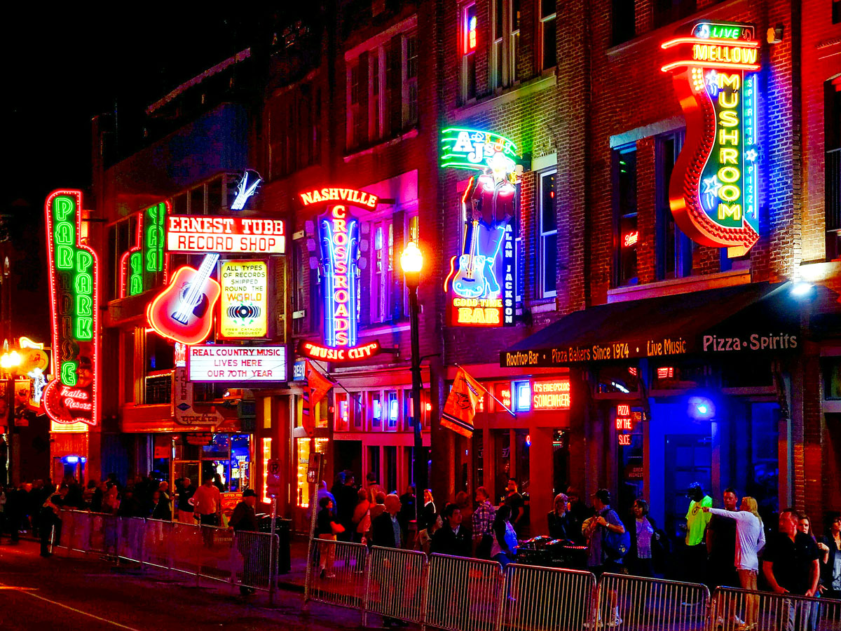 Neon signs for bars on Broadway in Nashville, Tennessee