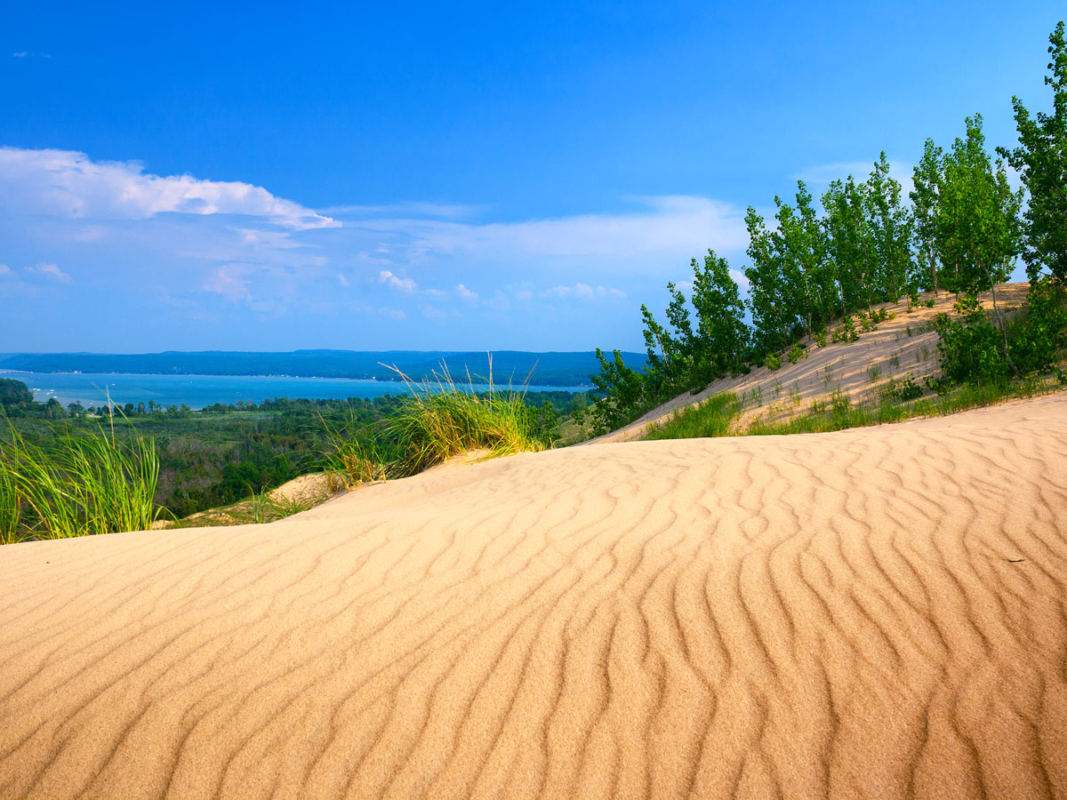 Views of sand dunes and Lake Michigan from Empire Bluff Trail in Indiana