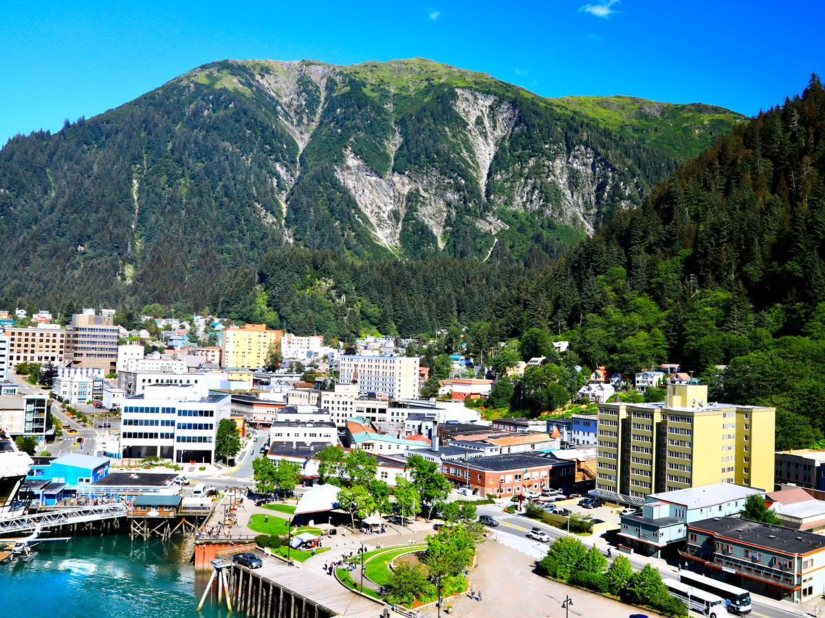 Aerial view of Juneau, Alaska, framed by mountains