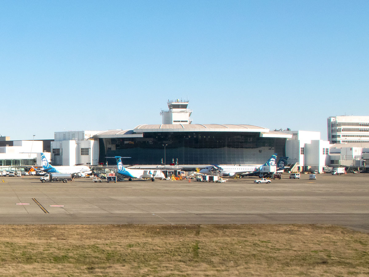 Alaska Airlines planes parked at gates at Seattle-Tacoma International Airport