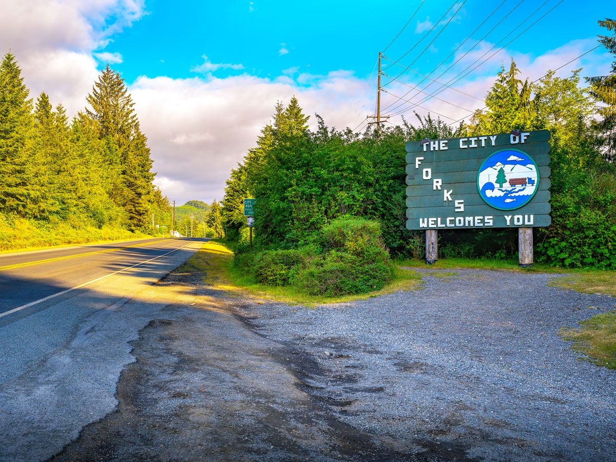 Welcome sign for the town of Forks, Washington
