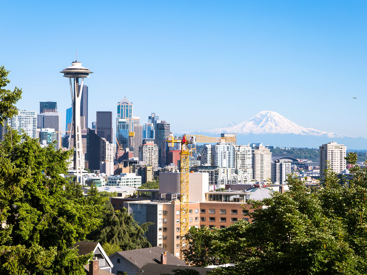 Skyline of Seattle, Washington, with Space Needle and Mount Rainier