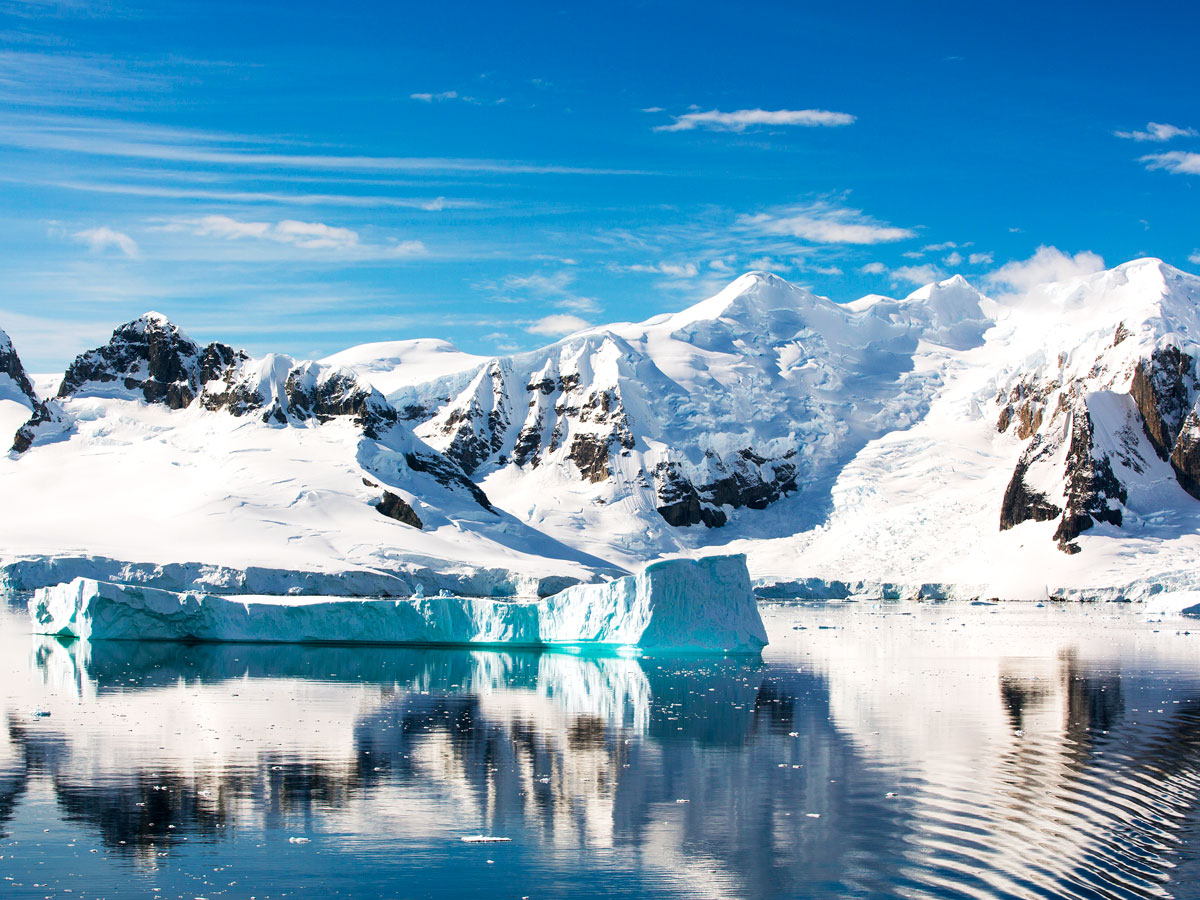 Snow- and ice-covered landscape of Antarctica