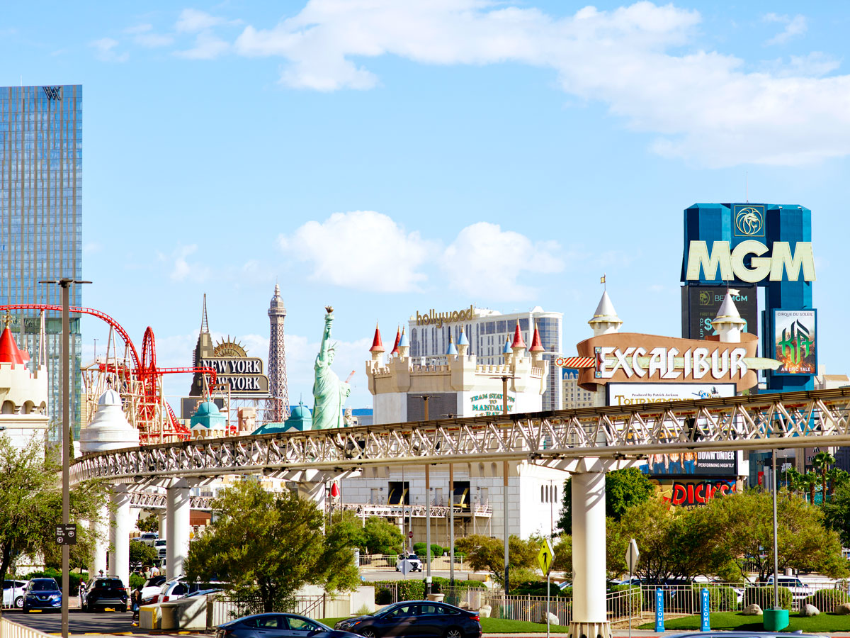 Amusement park rides and hotels on the Las Vegas Strip